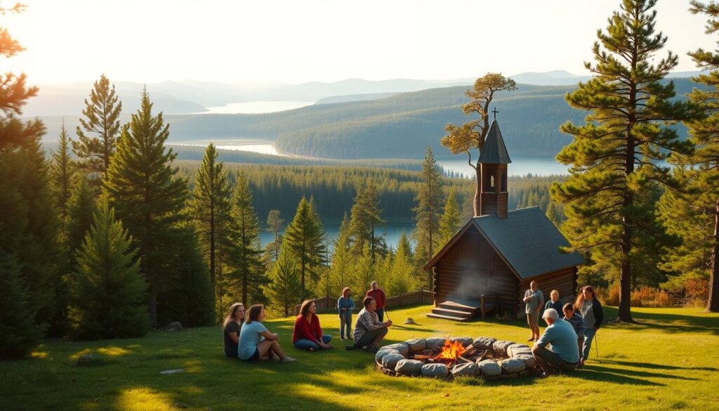 A tranquil, sun-dappled clearing nestled in a verdant pine forest. In the foreground, a group of people gather around a crackling campfire, their faces aglow with warmth and camaraderie. A rustic wooden chapel stands in the middle ground, its steeple reaching skyward, while in the background, rolling hills and a serene lake create a picturesque setting. The scene exudes a sense of peaceful retreat, where faith and nature converge, inviting the viewer to experience the restorative power of a Lutheran outdoor adventure.