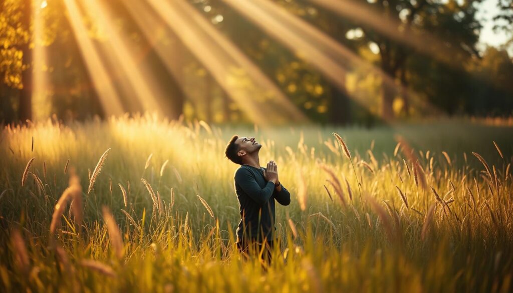 A tranquil, sun-dappled meadow, tall grasses swaying gently in a soft breeze. In the foreground, a lone figure kneels in reverent prayer, hands clasped, face uplifted with an expression of profound inner peace and transcendent grace. Beams of warm, golden light filter through the trees, casting a heavenly glow upon the serene scene. The background is blurred, creating a sense of sacred, contemplative isolation, as if the viewer has been granted a glimpse into a moment of profound spiritual connection. Elegant, minimalist composition with a focus on the central figure, emphasizing the themes of faith, devotion, and the divine.