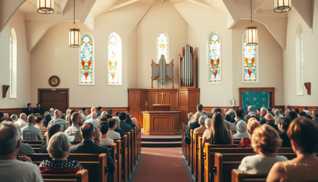 A tranquil, sun-dappled sanctuary filled with a worshipping Lutheran community. At the center, an elegant wooden pulpit and altar bathed in warm, soft lighting. In the foreground, rows of polished pews occupied by attentive parishioners, their faces radiating quiet reverence. The middle ground features stained glass windows casting colorful patterns on the walls, while the background showcases a majestic pipe organ and a serene, vaulted ceiling. An atmosphere of peaceful contemplation and joyful devotion permeates the scene.