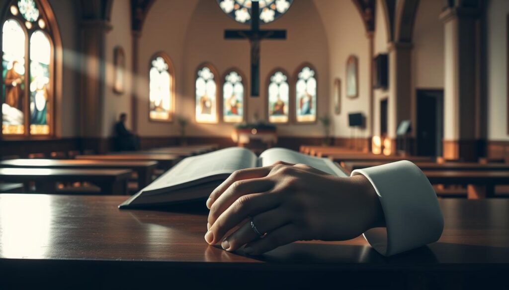 A tranquil, sunlit church interior with stained-glass windows casting warm hues across a polished wooden altar. At the center, an open Bible and a silver cross, symbolic of scripture and grace guiding a couple's marriage journey. In the foreground, two hands clasped in reverence, wedding rings glimmering. Soft, muted tones evoke a sense of sacred solemnity and divine blessings upon the union. Ambient lighting lends an ethereal, contemplative atmosphere, inviting the viewer to meditate on the profound spiritual significance of marriage.