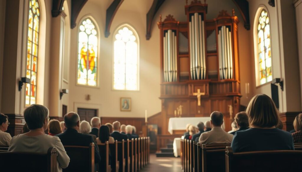 A tranquil, sunlit sanctuary with wooden pews and stained glass windows casting a warm glow. In the foreground, an ornate altar adorned with a simple cross, symbolizing the Laestadian doctrine's emphasis on simplicity and devotion. The middle ground features worshippers in traditional attire, their expressions reflecting deep contemplation and reverence. In the background, a majestic organ stands tall, its pipes a testament to the rich musical heritage of the Apostolic Lutheran Church. The overall atmosphere conveys a sense of timeless spirituality and unwavering faith.