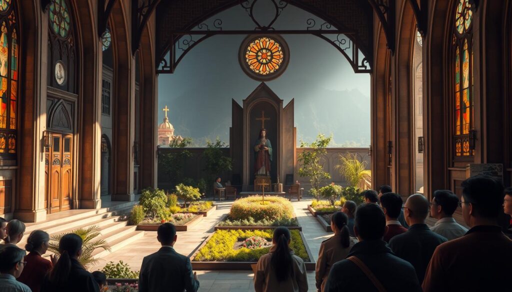 A tranquil yet resilient scene of a Catholic church in China, its intricate architecture and stained glass windows casting warm hues across the courtyard. In the foreground, a group of worshippers gather reverently, their faces radiating a quiet determination, weathered by years of persecution yet unbroken in their faith. The middle ground reveals a lush garden, a symbol of growth and renewal, while in the distance, the backdrop of towering mountains suggests the enduring nature of this spiritual haven. The lighting is soft and diffuse, creating an atmosphere of contemplation and inner strength. The overall impression is one of steadfast devotion, a testament to the unwavering spirit of Catholicism in the face of sociopolitical adversity.