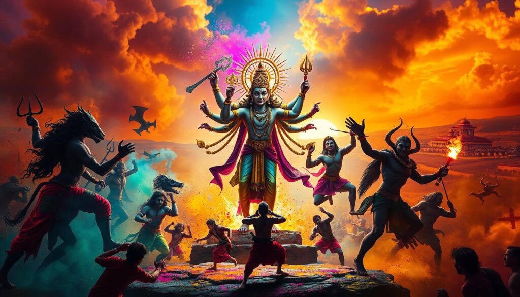 A triumphant scene from Hindu mythology, depicting the triumph of good over evil. In the foreground, a powerful deity stands victorious, their divine energy radiating outward. Mythological creatures and symbolic elements surround them, creating a sense of mysticism and ancient power. The middle ground features a dynamic battle, with heroic figures clashing against dark, menacing forces. In the background, a vibrant, colorful landscape unfolds, infused with the vibrant hues and patterns associated with the Holi festival. Warm, dramatic lighting casts dramatic shadows, heightening the sense of drama and spectacle. The overall atmosphere is one of celebratory triumph, reflecting the symbolism of the Holi festival and the eternal struggle between righteousness and evil.