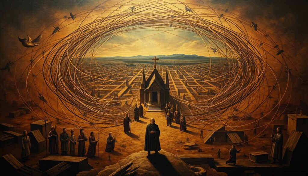 A vast and intricate tapestry of Laestadian movement's historical divisions, captured in a richly detailed oil painting. In the foreground, a central figure representing the original Laestadian church stands resolute, surrounded by a swirling vortex of schismatic movements branching off in various directions. The middle ground is a maze of intersecting lines and shapes, symbolizing the complex web of theological disputes and ideological rifts that have shaped this religious tradition over time. In the distant background, a dimly lit landscape hints at the wider socio-cultural context that has influenced the evolution of these Apostolic Lutheran communities. Warm, earthy tones and dramatic chiaroscuro lighting lend an air of solemn gravitas to the scene, inviting the viewer to ponder the significance of these historic divisions.