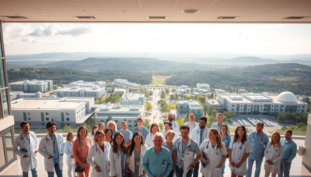 A vast healthcare network sprawls across a sunlit landscape, its modern facilities gleaming with state-of-the-art technology. In the foreground, a diverse group of people - doctors, nurses, and patients - gather in a welcoming atrium, their faces expressing a sense of trust and well-being. The middle ground showcases a series of interconnected buildings, each designed with a focus on efficiency and patient-centric care. In the background, a panoramic view of rolling hills and verdant forests creates a calming, natural backdrop, underscoring the network's commitment to holistic, high-quality healthcare. Soft, diffused lighting illuminates the scene, conveying a sense of warmth and professionalism.