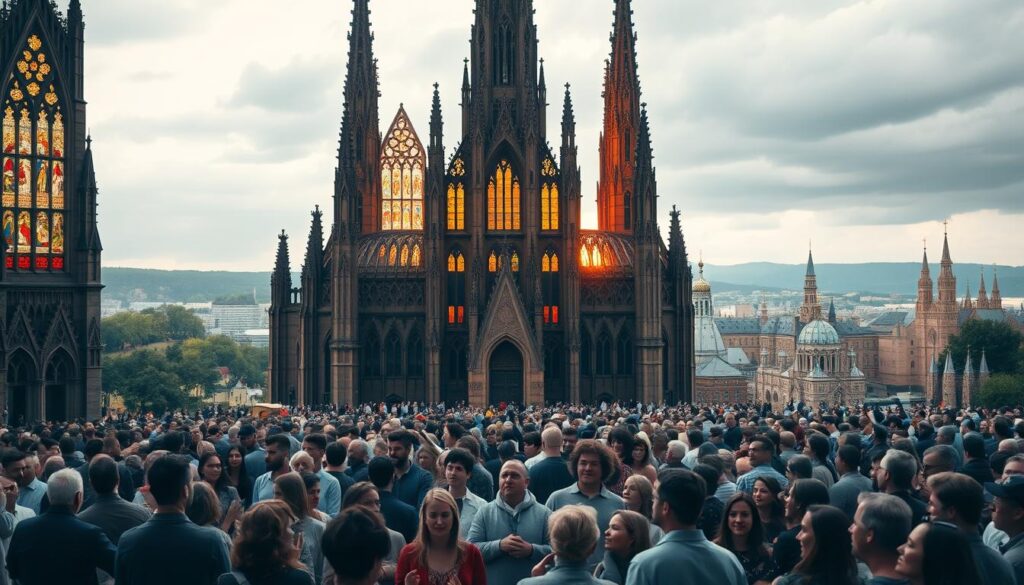 A vast, majestic cathedral stands in the foreground, its spires reaching towards the heavens. Stained glass windows cast a warm, ethereal glow upon the worshippers gathered within. In the middle ground, a diverse congregation of believers from around the world, united in faith, their faces alight with reverence and joy. In the background, a tapestry of cathedrals and churches dotting the landscape, a testament to the global reach and enduring influence of the Lutheran tradition. Soft, diffused lighting illuminates the scene, creating a sense of timelessness and spiritual transcendence.