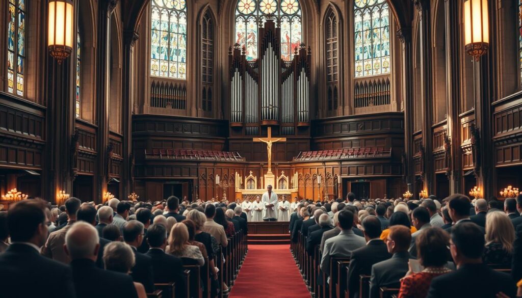 A vast, ornate sanctuary filled with natural light, pews lined in rich mahogany, a towering stained-glass window casting kaleidoscopic hues. In the foreground, a diverse congregation dressed in their Sunday best, bowing their heads in reverent prayer. Choir members in flowing robes sing hymns from a raised dais, their voices harmonizing with the swell of a grand pipe organ. In the background, a stately cross and altar stand as the focal point, surrounded by intricate architectural details and the warm glow of candlelight. This scene captures the inspiring, communal spirit of worship at Gloria Dei Lutheran Church.