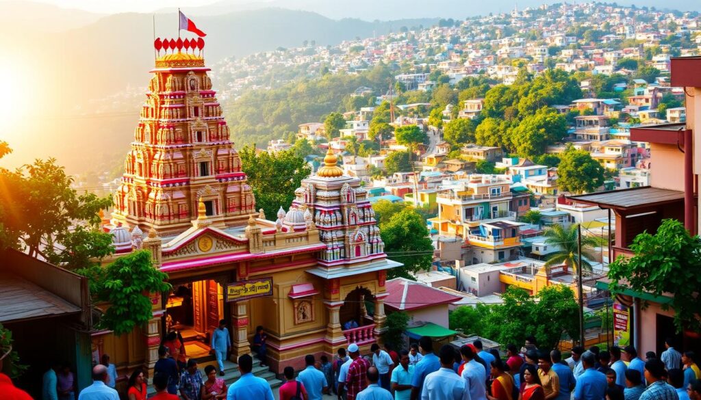 A vibrant Hindu temple nestled in a bustling community, its intricate architecture and vibrant colors radiating warmth and devotion. In the foreground, worshippers gather in a serene courtyard, their faces aglow with the soft, golden light filtering through the temple's ornate entryway. The middle ground showcases the temple's towering spires, adorned with intricate carvings and statues, casting long shadows that intertwine with the lush, verdant foliage surrounding the structure. In the background, a bustling cityscape of homes and businesses hums with the energy of a thriving neighborhood, a testament to the temple's role as a hub of spiritual and communal connection.