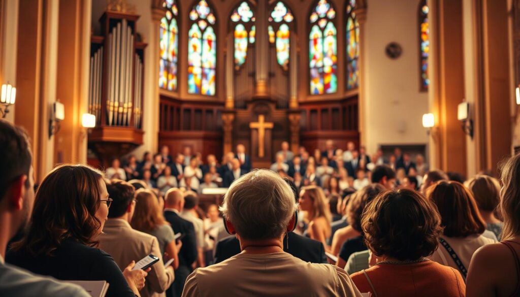 A vibrant Lutheran church service, with a choir and congregation engaged in soulful worship. The front of the sanctuary features a grand organ and altar, bathed in warm, golden lighting. In the foreground, worshippers partake in the sacrament of communion, their faces reflecting contemplation and reverence. The middle ground showcases the choir, their voices harmonizing in a hymn of praise. The background captures the architectural grandeur of the church, with stained glass windows casting a kaleidoscope of colors across the scene. An atmosphere of spiritual devotion and community fills the space, inviting the viewer to experience the power and beauty of the Lutheran worship service.
