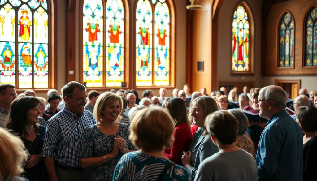 A vibrant Lutheran community gathered in a sunlit sanctuary, the stained-glass windows casting a warm glow. In the foreground, parishioners engage in lively conversation, their faces radiating a sense of joy and belonging. The middle ground features a small group of worshippers deep in thoughtful reflection, their hands clasped in prayer. In the background, a choir rehearses, their voices blending in a harmonious chorus that fills the space. The overall scene exudes a palpable feeling of faith, fellowship, and a shared commitment to the Lutheran way of life.