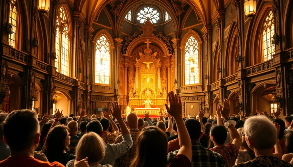 A vibrant Sunday worship service in a grand Protestant church in Hanoi. In the foreground, a congregation of devout worshippers, their faces uplifted in reverence, hands raised in praise. Warm, golden light filters through the stained glass windows, casting a soft glow over the scene. The middle ground reveals the ornate, intricate architecture of the church, with its soaring arches and intricate carvings. In the background, the altar stands tall, adorned with ornate religious symbols, a backdrop for the uplifting service. The atmosphere is one of profound spiritual connection, harmony, and community.