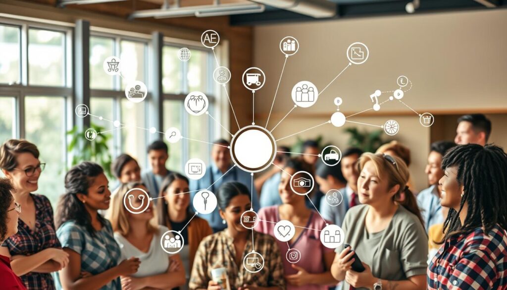 A vibrant and collaborative nonprofit network, bustling with activity. In the foreground, a group of diverse individuals - volunteers, staff, and community members - engaged in animated discussions, their expressions conveying a sense of purpose and camaraderie. The middle ground showcases a web of interconnected icons, representing the various services and initiatives that the network offers, from healthcare and education to social welfare and job training. In the background, a warm and inviting space, with natural lighting filtering through large windows, creating a harmonious and inclusive atmosphere. The overall scene evokes a spirit of compassion, empowerment, and transformative change, reflecting the ethos of Lutheran Services' mission to serve their community.