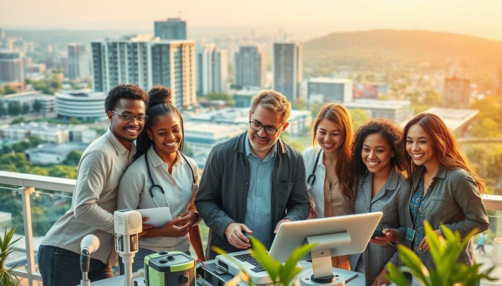 A vibrant and dynamic scene showcasing innovative solutions in the health and social services sector. In the foreground, a team of diverse professionals collaborating on a cutting-edge project, their expressions exuding enthusiasm and determination. The middle ground features state-of-the-art medical technology and assistive devices, seamlessly integrated into a welcoming, patient-centric environment. In the background, a cityscape with modern, energy-efficient buildings and lush, verdant landscapes, symbolizing the sustainable and community-driven approach to health and social service delivery. Warm, diffused lighting illuminates the scene, creating a sense of warmth and optimism. Captured through a wide-angle lens, the composition emphasizes the interconnectedness and synergy of these innovative elements.