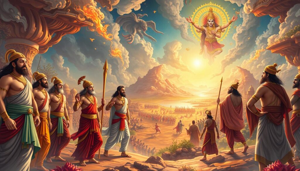 A vibrant and intricate illustration depicting the epic narratives of Mahabharata and Ramayana, the two foundational texts of Hinduism. In the foreground, prominent figures from the two epics stand in heroic poses, their expressions and attire reflecting the grandeur and complexity of these ancient tales. The middle ground showcases pivotal scenes, such as the battlefield of Kurukshetra and the forest landscapes of the Ramayana, with intricate details that capture the dramatic events and moral dilemmas that unfold. In the background, a mystical and otherworldly atmosphere prevails, with celestial beings and divine elements evoking the sacred and mythological nature of these revered epics. The lighting is warm and ethereal, creating a sense of timelessness and reverence, while the composition and perspective draw the viewer into the rich tapestry of these timeless narratives.