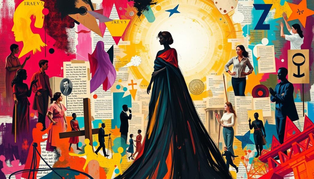 A vibrant and thought-provoking depiction of feminist theology and social justice, captured through a dynamic interplay of colors, symbols, and abstract forms. In the foreground, a central figure symbolizing the spirit of feminist reform stands tall, surrounded by a kaleidoscope of gestural brushstrokes and symbolic elements that evoke the themes of empowerment, inclusivity, and the pursuit of equality. The middle ground features a collage-like composition of sacred texts, historical figures, and social justice movements, all converging to create a tapestry of the modern reformation in Lutheran thought. In the background, a luminous, ethereal glow illuminates the scene, conveying a sense of hope, enlightenment, and the transformative power of this progressive theological perspective. Rendered with a bold, expressive style and a masterful use of light and color, this image captures the essence of the "Modern Perspectives: Feminist and Contemporary Reformations in Lutheran Thought."