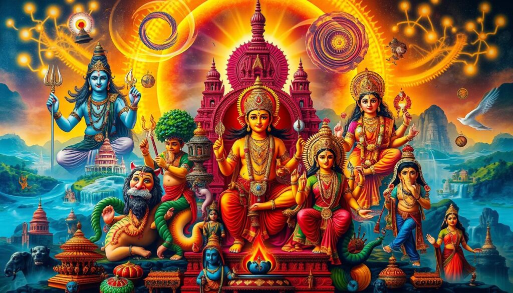 A vibrant and visually striking scene of Hindu deities, depicted in a majestic and awe-inspiring manner. The foreground showcases the principal gods and goddesses, such as Shiva, Vishnu, Brahma, Ganesha, and Lakshmi, each rendered with intricate details and distinctive iconography. The middle ground features a lush, ethereal landscape with ornate temples, sacred rivers, and swirling celestial elements. The background is illuminated by a warm, golden light, creating an atmosphere of reverence and spiritual enlightenment. The composition is balanced and harmonious, capturing the essence of the diverse pantheon and traditions of Hinduism.