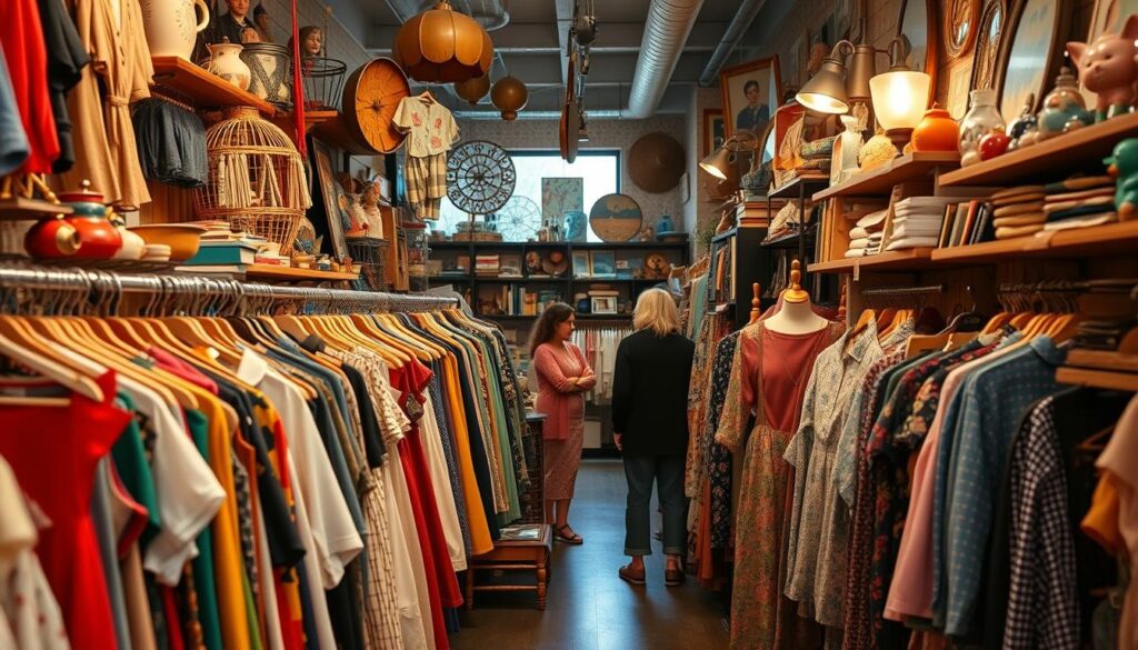 A vibrant assortment of secondhand treasures fills a cozy thrift store, showcasing the diverse character of the community. Carefully curated racks display an eclectic array of vintage clothing, from retro dresses to classic button-ups. Shelves brim with an intriguing mix of knickknacks, books, and unique home decor pieces, each with its own captivating story. Warm, diffused lighting casts a gentle glow, highlighting the rich textures and colors that intertwine throughout the space. Shoppers browse with a sense of discovery, their faces alight with the potential of uncovering one-of-a-kind finds. This thrift store serves as a hub of sustainability, creativity, and community connection, reflecting the diverse interests and backgrounds of its patrons.