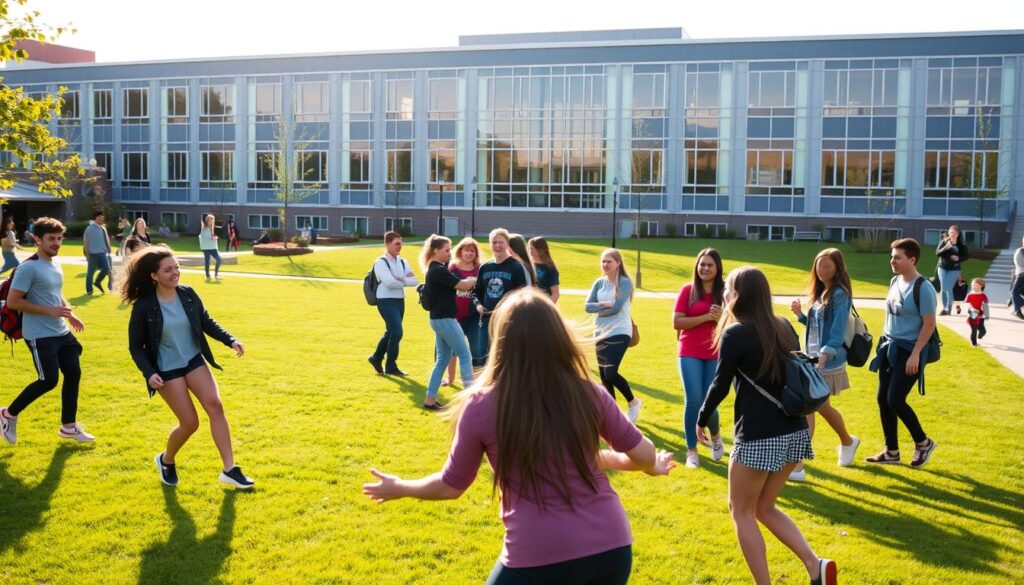 A vibrant campus scene of Lutheran Northwest, filled with engaged students participating in a variety of dynamic extracurricular activities. In the foreground, a group of students enthusiastically playing a spirited game of frisbee on a lush green lawn, their laughter and energy palpable. In the middle ground, a cluster of students animatedly discussing a project or presentation, gesturing animatedly. In the background, a modern, well-equipped campus building with large windows, casting a warm glow over the scene. The overall atmosphere is one of intellectual curiosity, camaraderie, and a nurturing spirit, reflecting the empowering and enriching student experience at Lutheran Northwest.