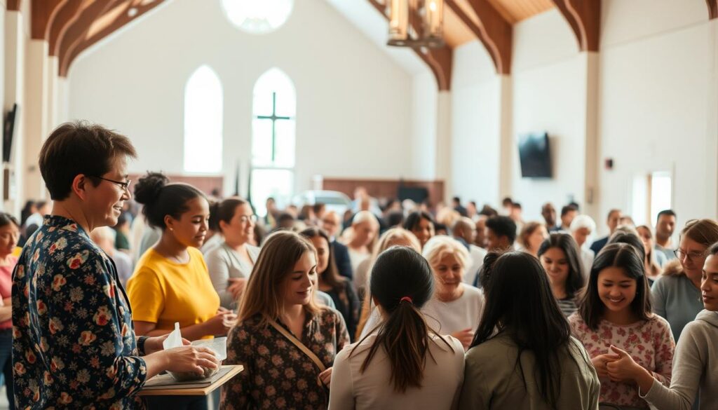 A vibrant church community, filled with warmth and purpose. In the foreground, a group of volunteers enthusiastically engaging in various ministries - serving meals, teaching children, and leading discussions. The middle ground showcases a diverse array of opportunities, from organizing charity drives to maintaining the church gardens. In the background, a serene and inviting church sanctuary, bathed in soft, natural lighting that evokes a sense of spiritual connection. The overall scene conveys a welcoming, inclusive atmosphere, where every member can find meaningful ways to contribute and grow in their faith.