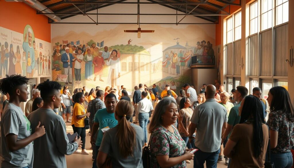A vibrant community center bustling with activity. In the foreground, a group of volunteers enthusiastically engage with local residents, discussing resources and upcoming events. The middle ground features an open-air gathering space, with people of all ages and backgrounds mingling and collaborating. In the background, a mural depicting scenes of unity, diversity, and civic pride adorns the walls, bathed in warm, natural lighting filtering through large windows. An atmosphere of inclusivity, cooperation, and empowerment permeates the scene, showcasing the church's commitment to meaningful community outreach.