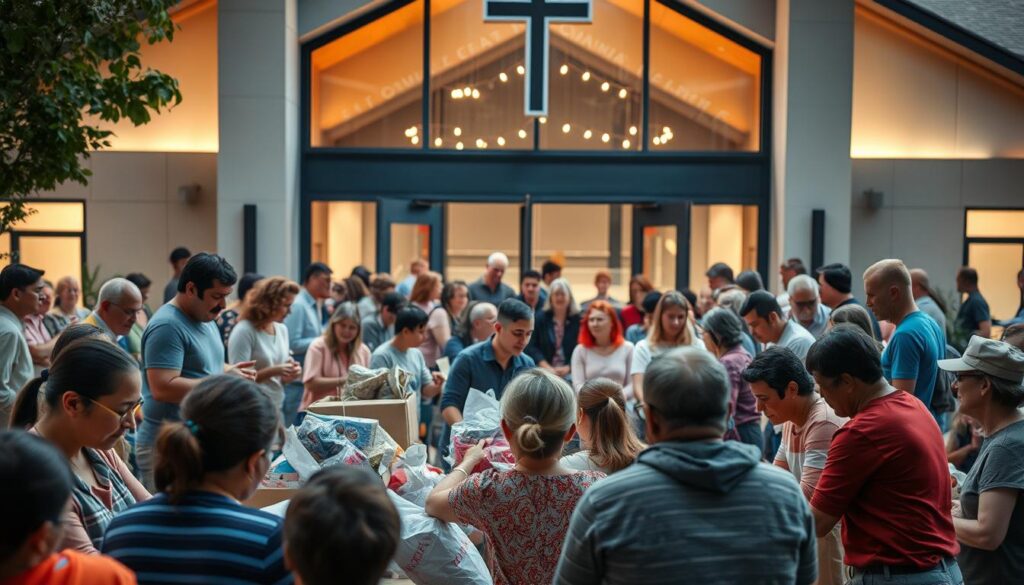 A vibrant community gathering, a diverse group of people of all ages engaged in meaningful conversation and service. In the foreground, a group of volunteers sorting and packing donated goods, their faces alight with purpose. In the middle ground, a large group seated in a circle, heads bent together in discussion, a sense of camaraderie and shared mission palpable. In the background, a modern church building with warm, inviting lighting, its doors open wide, welcoming all who seek connection and care. The scene is suffused with a sense of belonging, unity, and a deep commitment to reaching out and supporting the local community.