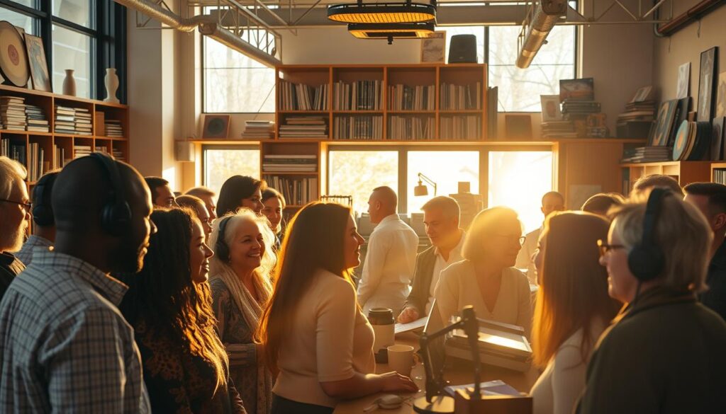A vibrant community gathering at a faith-based radio station, bathed in warm, golden light streaming through large windows. In the foreground, a group of diverse listeners engaged in animated discussions, faces aglow. In the middle ground, a modern, open-plan studio with state-of-the-art broadcasting equipment. In the background, shelves filled with books, records, and memorabilia, reflecting the station's rich history and connection to the local community. The atmosphere is one of intellectual curiosity, spiritual exploration, and a shared sense of purpose, conveying the station's role as a hub for meaningful dialogue and engagement.