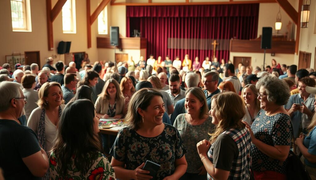 A vibrant community gathering, filled with energy and laughter. In the foreground, people of all ages engage in lively conversations, their faces alight with joy. The middle ground showcases an array of activities - from game tables to art stations, each drawing in eager participants. In the background, a stage sets the scene for a performance, the audience seated attentively, anticipating the next act. Warm, natural lighting bathes the scene, creating a cozy, inviting atmosphere. The composition captures the spirit of the church community, where fellowship, learning, and service come together in a seamless tapestry of meaningful engagement.