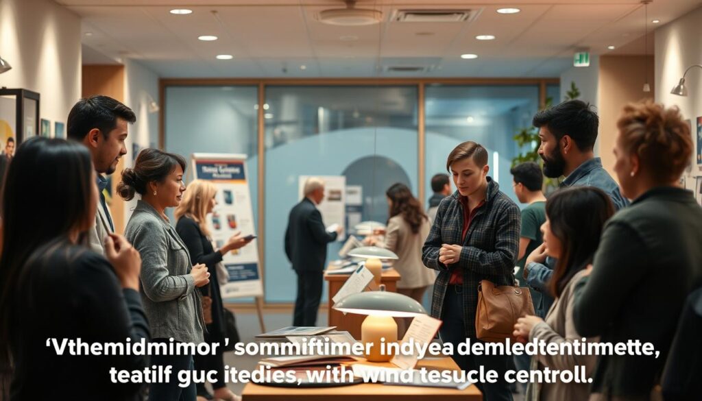 A vibrant community integration support network comes to life, with diverse individuals connecting in a warm, welcoming environment. In the foreground, people of various ages and backgrounds engage in lively discussions, sharing stories and offering guidance. The middle ground showcases informative displays and resource materials, designed to empower and support those in need. In the background, a softly lit, modern interior sets the stage, conveying a sense of safety and inclusivity. Gentle lighting casts a comforting glow, and the overall atmosphere exudes a feeling of hope, empowerment, and a shared commitment to uplift and integrate the displaced.