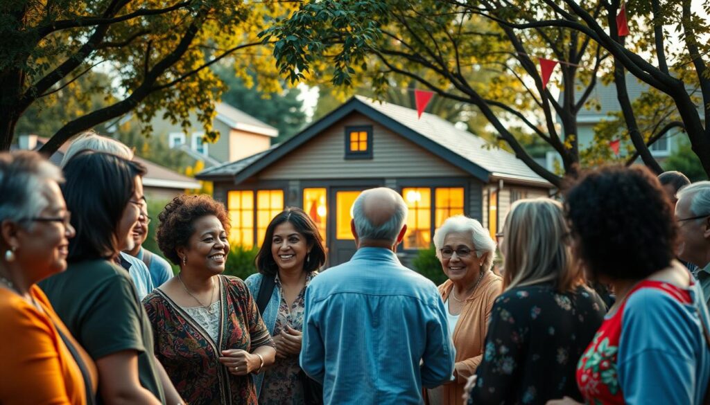 A vibrant community support network, with a warm and welcoming atmosphere. In the foreground, a diverse group of people gather, sharing smiles and offering assistance to one another. In the middle ground, a cozy community center stands, its windows aglow with a soft, inviting light. The background depicts a quaint, tree-lined neighborhood, conveying a sense of security and togetherness. The lighting is soft and natural, creating a comfortable, homely ambiance. The overall composition suggests a tight-knit community, where residents come together to support and uplift one another.