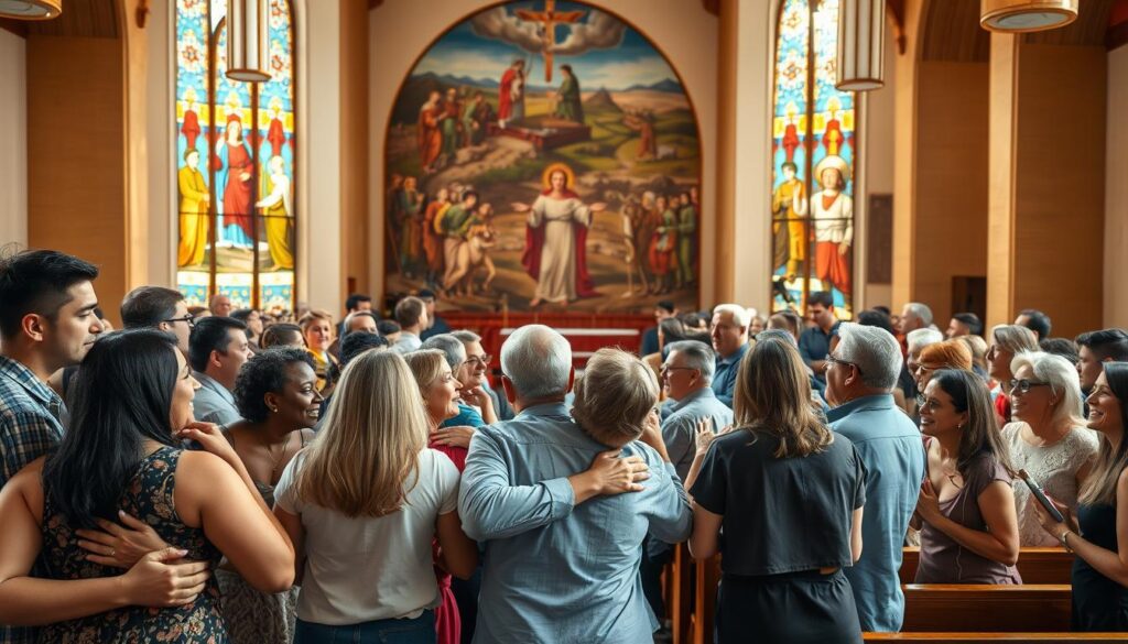 A vibrant evangelical church community gathered for an outreach event, their joyful faces aglow in the warm natural light filtering through the large stained-glass windows. In the foreground, a diverse group of congregants embrace and connect, their expressions radiating a sense of fellowship and purpose. In the middle ground, the church's interior unfolds, its elegant wooden pews and pulpit creating a serene and welcoming atmosphere. In the background, a mural depicting scenes of faith and service adorns the walls, framing the scene with a touch of timeless spiritual significance. The overall composition conveys a harmonious blend of community, devotion, and a steadfast commitment to serving others, reflecting the modern presence and cultural significance of Protestant churches in Greece.