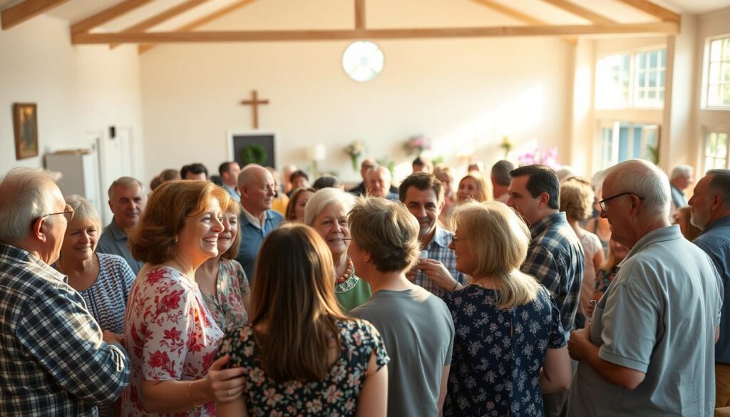 A vibrant gathering of the Protestant community in Geelong, CA, captured in warm afternoon light. In the foreground, a group of people of diverse ages and backgrounds engage in animated conversation, their faces aglow with fellowship and camaraderie. In the middle ground, a spacious hall adorned with simple but meaningful decorations sets the stage for a spirit of togetherness, while the background reveals glimpses of a well-tended garden, hinting at the rich tapestry of the community's shared lives and experiences. The scene exudes a sense of belonging, joy, and a deep commitment to the values of service and spiritual growth that define this close-knit congregation.