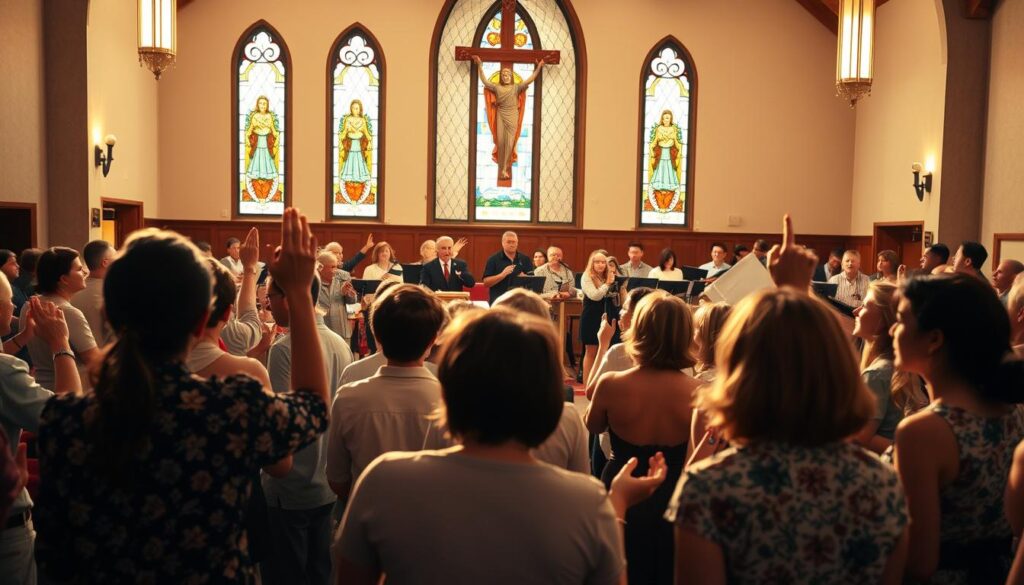 A vibrant, joyful worship celebration unfolds within the sanctuary of Prince of Peace Lutheran Church. In the foreground, a diverse congregation sways and claps, their faces aglow with uplifted expressions of praise. The middle ground features a skilled band leading the worship, their instruments and voices blending in a harmonious symphony. In the background, stained-glass windows cast a warm, ethereal light, creating an atmosphere of reverence and transcendence. Soft, directional lighting highlights the celebratory mood, while a wide-angle lens captures the expansive scene, conveying a sense of communal engagement and spiritual connection.