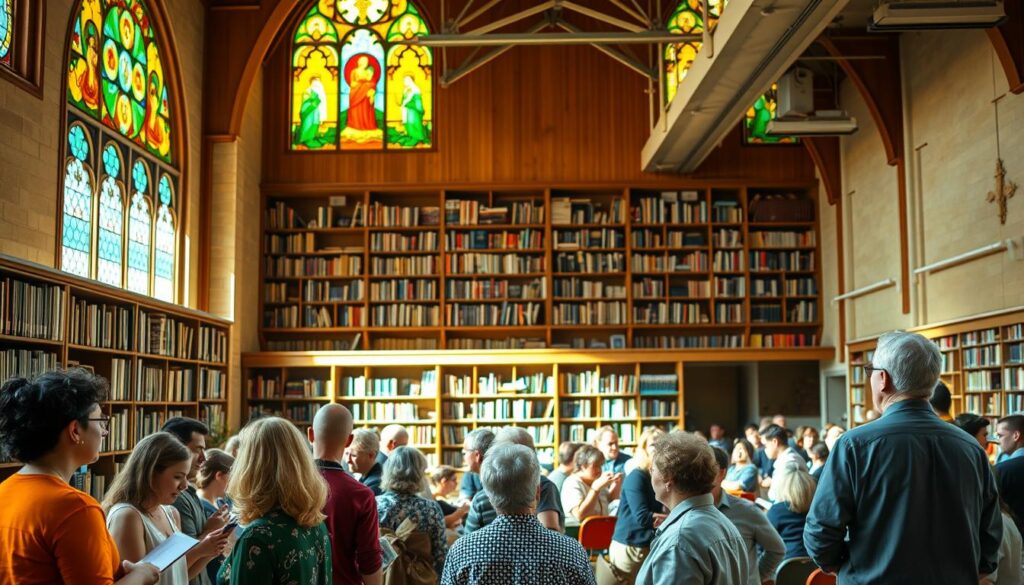 A vibrant lifelong learning community, bathed in warm, natural light filtering through stained glass windows. In the foreground, a group of diverse individuals - young and old, engaged in lively discussions, sharing ideas and experiences. The middle ground showcases a well-stocked library, bookshelves overflowing with volumes on theology, philosophy, and the humanities. In the background, a large, airy room with high ceilings, hosting a lecture or seminar, the audience leaning forward, captivated by the speaker's words. An atmosphere of intellectual curiosity, spiritual enrichment, and a deep sense of community pervades the scene.