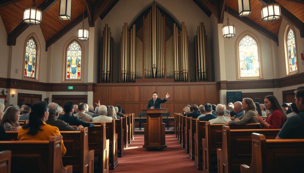 A vibrant livestream of a Lutheran worship service, captured with a wide-angle lens and warm, natural lighting. The pulpit stands at the center, surrounded by rows of wooden pews filled with worshippers immersed in prayer and song. Stained glass windows cast a soft, ethereal glow, while a grand pipe organ dominates the background, its intricate pipes reaching towards the vaulted ceilings. The atmosphere is one of reverence and community, inviting viewers to experience the richness of this faithful congregation's digital engagement.