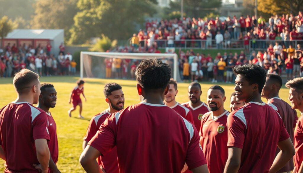 A vibrant outdoor scene showcasing a football team's camaraderie and community engagement. In the foreground, players of diverse backgrounds gather, their expressions filled with determination and teamwork as they participate in a spirited training session. The middle ground features a lush, verdant field, with the goal posts standing tall, symbolizing their shared ambitions. In the background, a crowd of enthusiastic fans cheers them on, their energy and excitement palpable. The scene is bathed in warm, golden sunlight, creating a sense of optimism and unity. The overall composition conveys the team's unwavering commitment to their values, fostering a strong bond with the local community.