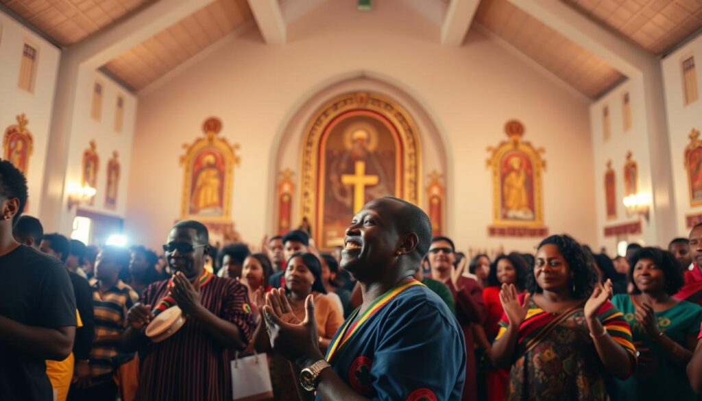 A vibrant scene of an Ethiopian worship service, captured with a wide-angle lens. In the foreground, a group of worshippers sway and clap, their faces aglow with fervent devotion. Behind them, a chorus of musicians play traditional instruments like the krar, masinko, and kebero, their rhythmic melodies filling the air. The middle ground features intricate religious iconography adorning the walls, casting a warm, reverent glow. In the background, the high-ceilinged sanctuary is bathed in soft, diffuse lighting, creating an atmosphere of sacred tranquility. The overall scene conveys the powerful cultural and spiritual essence of Ethiopian Protestant worship.