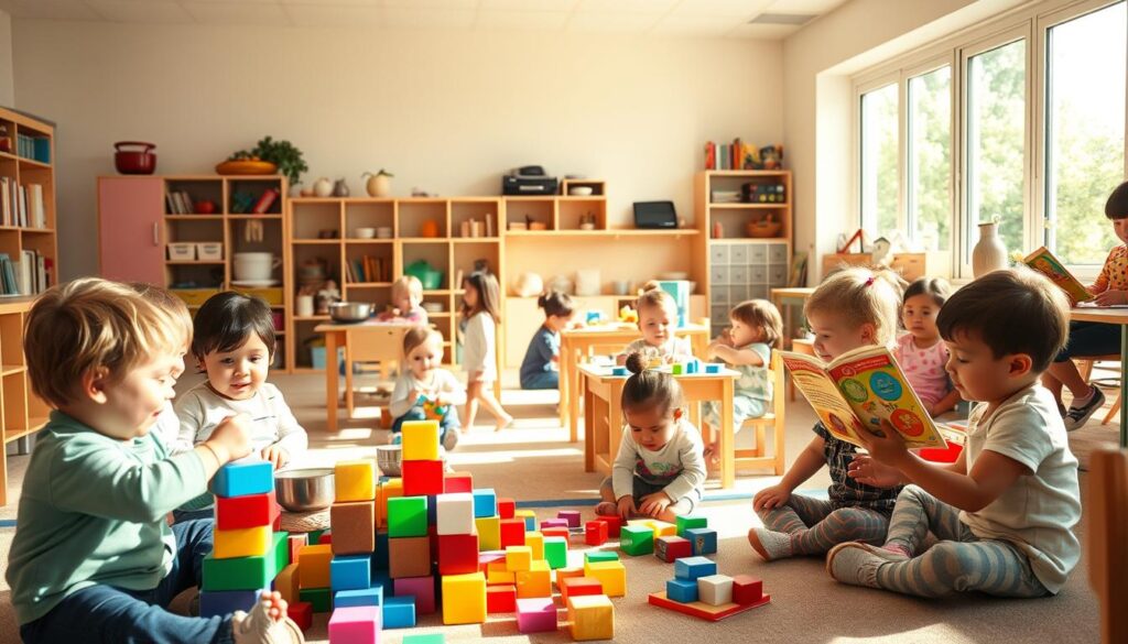 A vibrant, sun-drenched classroom filled with joyful children engaged in imaginative play-based learning activities. In the foreground, a group of toddlers construct colorful block towers, their faces alight with concentration. In the middle ground, preschoolers navigate a pretend kitchen, stirring pots and setting a playful table. Across the room, elementary-aged students sit in a cozy reading nook, immersed in picture books. Soft, natural lighting filters in through large windows, casting a warm glow over the scene. The atmosphere is one of wonder, discovery, and the nurturing of early childhood development within a faith-based, inclusive setting.