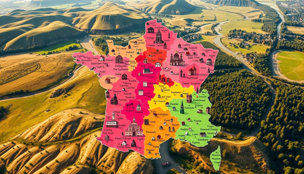 A vibrant topographical map of France, showcasing the regional distribution of Protestant churches and communities. The foreground features intricate church icons and symbols, denoting the diverse denominations and traditions across the country. The middle ground displays a detailed, color-coded overlay highlighting the concentration and density of Protestant populations in each region, with higher concentrations represented by deeper hues. The background depicts the natural landscape of France, with rolling hills, winding rivers, and lush forests, creating a sense of depth and context. The lighting is soft and warm, casting a serene, contemplative atmosphere, reflecting the spiritual nature of the subject matter. The camera angle is slightly angled, providing a comprehensive, bird's-eye view of the nation's religious diversity and regional presence.