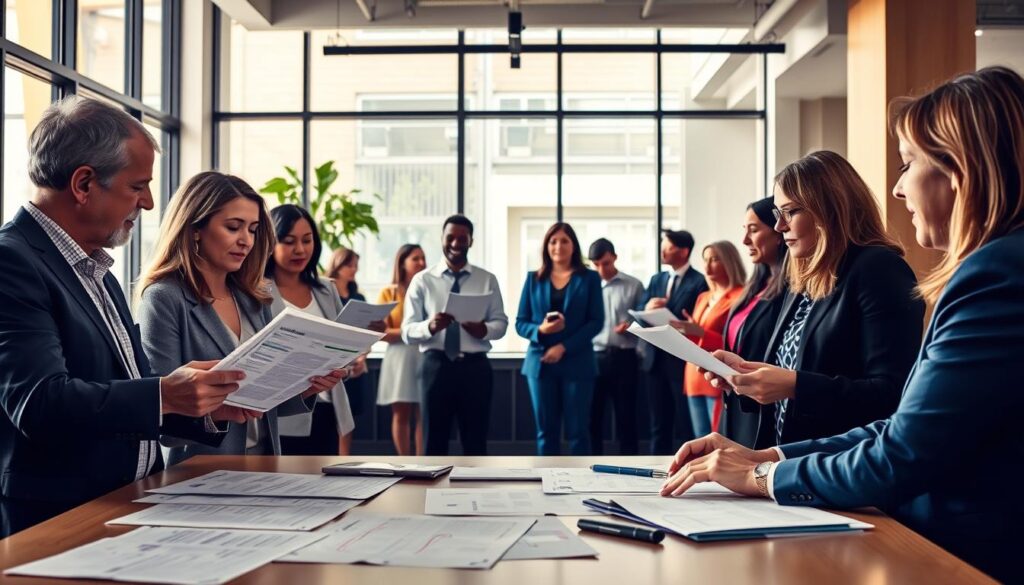 A vibrant, well-lit scene depicting a donor-advised fund granting process. In the foreground, a group of philanthropists deliberate over grant proposals, meticulously reviewing documents and spreadsheets. The middle ground showcases a team of nonprofit representatives pitching their projects, their expressions hopeful yet professional. In the background, a modern office space with floor-to-ceiling windows, allowing natural light to flood the room and create a warm, inviting atmosphere. The color palette is a harmonious blend of muted tones, punctuated by the occasional splash of vibrant hues that reflect the dynamism of the philanthropic endeavor. The overall composition conveys a sense of thoughtful decision-making, collaborative spirit, and a shared commitment to making a positive impact on the community.