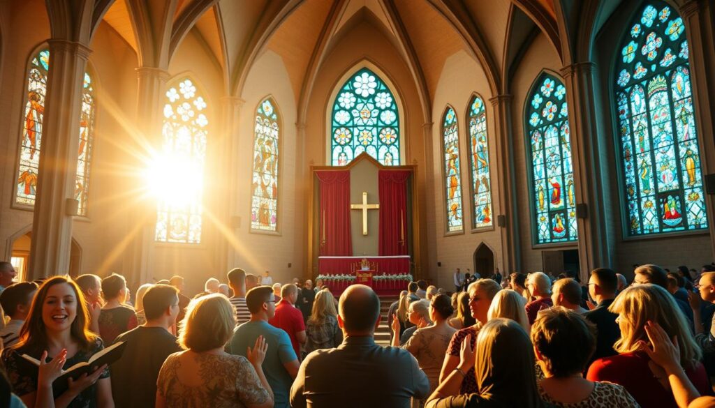 A vibrant worship service unfolds within a grand, sun-lit sanctuary. In the foreground, a choir sings with joyful fervor, their voices uplifted. In the middle ground, the congregation claps and sways, faces aglow with devotion. The altar, draped in rich fabrics, stands as the centerpiece, surrounded by stained glass windows that cast kaleidoscopic patterns of light. The scene exudes a sense of community, reverence, and the transcendent power of faith.