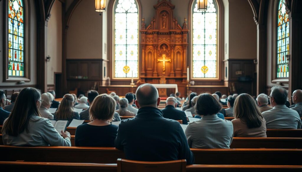 A warm and inviting church sanctuary, bathed in soft, natural lighting that filters through stained glass windows. In the foreground, a group of people sit in a semi-circle, engaged in an intimate Bible study, their faces illuminated by the glow of their Bibles and the presence of the Holy Spirit. The middle ground features wooden pews, polished and well-worn, hinting at the countless worshippers who have gathered here over the years. In the background, a majestic altar stands as a testament to the reverence and devotion of the Lutheran community, its intricate carvings and ornate details reflecting the rich heritage of the faith. An atmosphere of quiet contemplation and spiritual connection permeates the scene, inviting the viewer to join in the sacred act of worship and study.