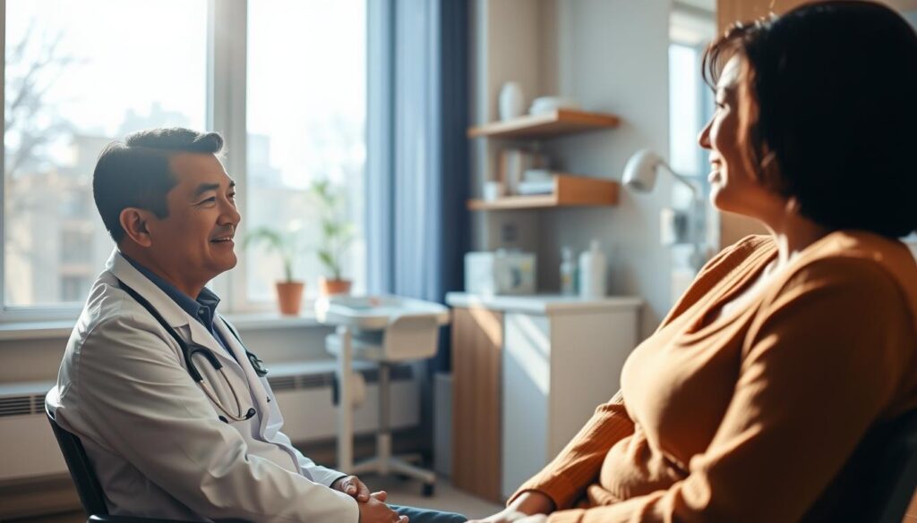 A warm and inviting medical office, bathed in soft natural light streaming through large windows. In the foreground, a compassionate doctor sits attentively with a patient, discussing their personalized treatment plan. The doctor's expression conveys empathy and care, while the patient appears at ease, confident in the specialized attention they are receiving. In the background, subtle medical equipment and soothing decor create an atmosphere of professionalism and comfort, reflecting the clinic's commitment to personalized digestive care. The scene evokes a sense of trust, partnership, and holistic well-being between the healthcare provider and the individual.