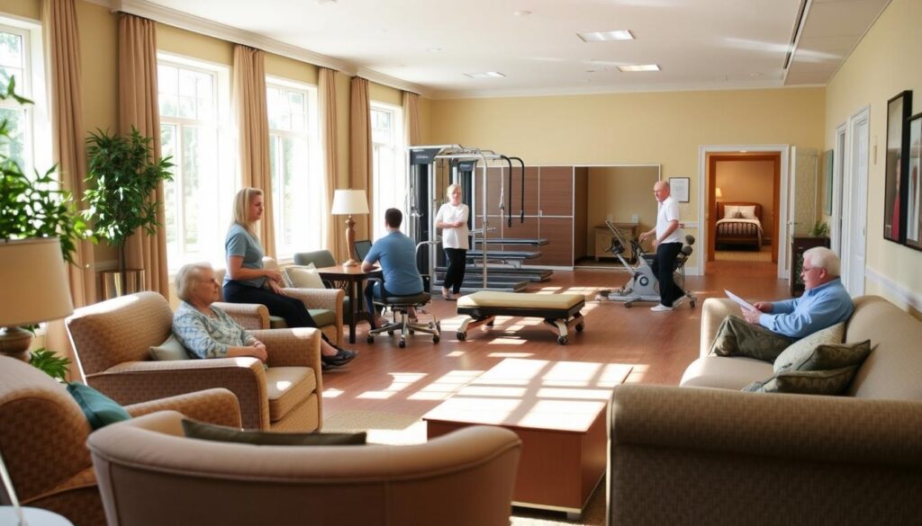 A warm and inviting nursing home interior, with natural light streaming through large windows. In the foreground, a cozy living room area with comfortable armchairs and a plush sofa, where residents engage in conversation and various activities. In the middle ground, a physical therapy gym equipped with state-of-the-art rehabilitation equipment, where patients work diligently under the guidance of attentive healthcare professionals. In the background, a hallway leads to private patient rooms, each designed with a soothing, home-like ambiance to promote healing and well-being. The overall scene conveys a sense of care, compassion, and a commitment to enhancing the quality of life for the residents.