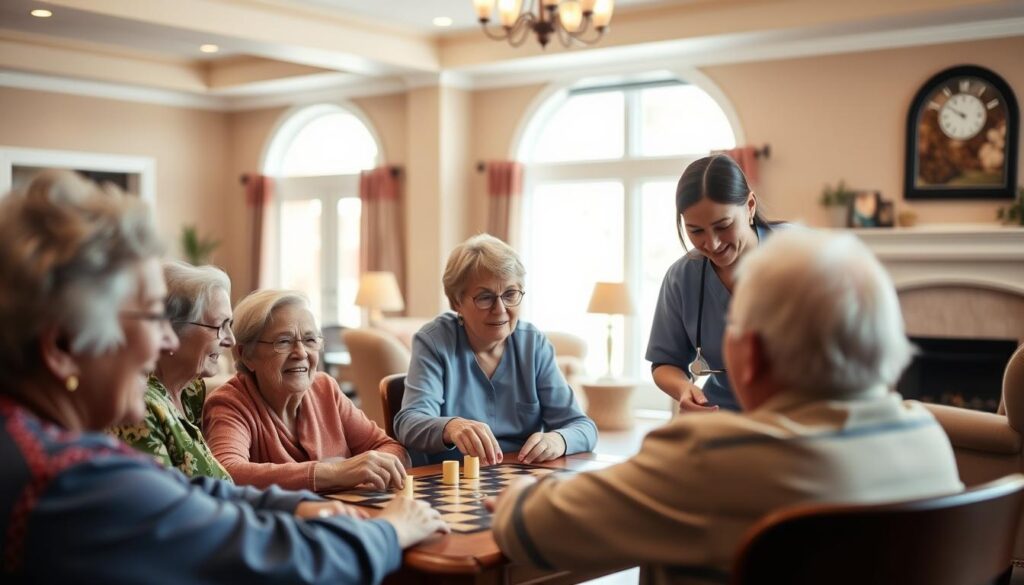 A warm and inviting senior care facility, bathed in soft, natural lighting. In the foreground, a group of elderly residents engaged in a friendly board game, their faces animated with laughter and camaraderie. In the middle ground, a nurse attentively assists an older adult with mobility, their kind expression conveying compassion. The background reveals a cozy, well-appointed lounge area, with plush armchairs and a fireplace, creating a sense of comfort and security. The overall atmosphere exudes a feeling of dignity, respect, and the nurturing support that the Lutheran community of Jamestown, VA, is known to provide.