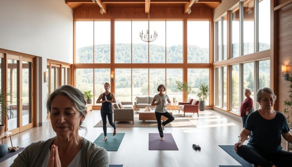 A warm and inviting wellness center nestled in the heart of Wheat Ridge, Colorado. In the foreground, a group of patients engaged in a gentle yoga session, their faces serene and focused. The middle ground features a spacious, light-filled atrium with natural wood accents and comfortable seating areas, where visitors can relax and unwind. In the background, floor-to-ceiling windows offer panoramic views of the surrounding lush, verdant landscape, creating a sense of tranquility and connection with nature. Soft, diffused lighting bathes the scene, evoking a soothing, therapeutic atmosphere. The overall impression is one of a holistic, patient-centered approach to wellness, promoting physical, mental, and emotional well-being.