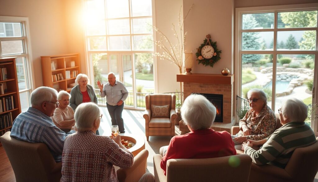 A warm and welcoming senior community, bathed in soft, natural lighting. In the foreground, a group of older adults gathered around a cozy fireplace, engaged in lively conversation and laughter. The middle ground showcases a well-appointed communal living area, with plush seating, bookshelves, and tasteful decor that exudes a sense of comfort and belonging. In the background, large windows offer a glimpse of a beautifully landscaped outdoor space, complete with walking paths, lush greenery, and a tranquil water feature, inviting residents to explore and connect with nature. The overall atmosphere radiates a feeling of contentment, security, and a strong sense of community.