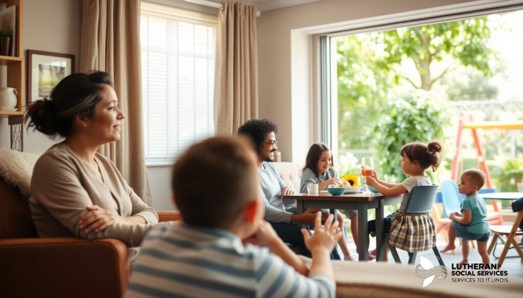 A warm, compassionate scene depicting the impact of Lutheran Social Services of Illinois' mental health and foster care programs. In the foreground, a social worker guides a young person through a cozy counseling office, their expressions conveying empathy and support. In the middle ground, a family gathers around a table, sharing a meal and bonding in a comfortable, nurturing home environment. In the background, a serene, sunlit outdoor space with lush greenery and a play area, where children in foster care laugh and explore. The lighting is soft and inviting, creating an atmosphere of safety, healing, and community.