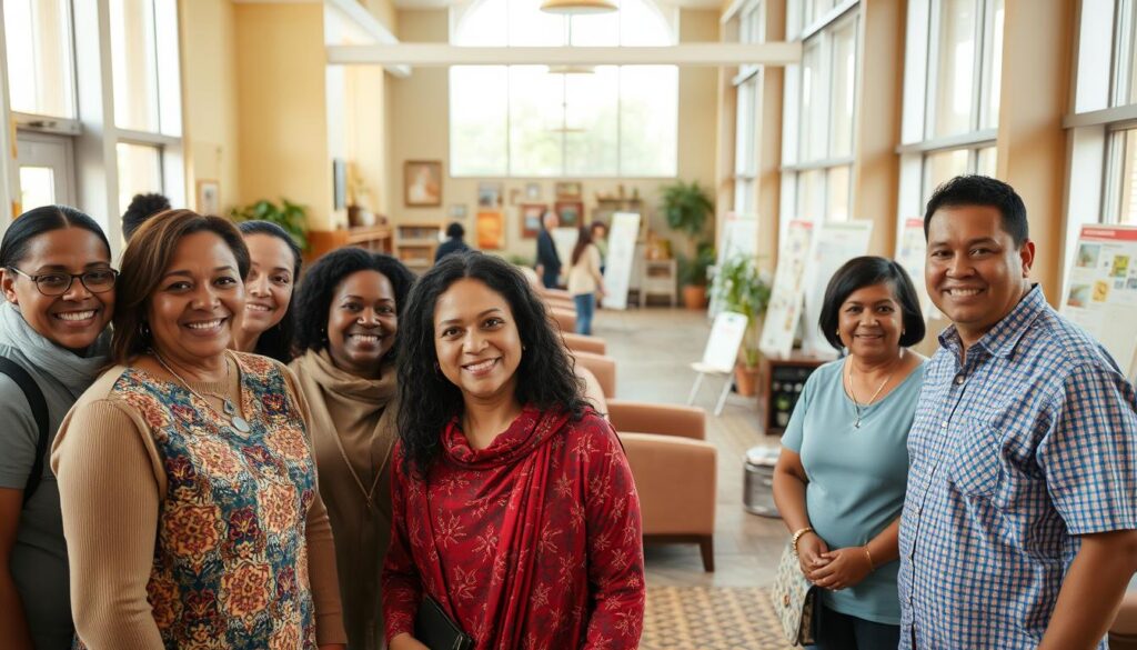 A warm, compassionate scene of a Lutheran Family Services refugee support program. In the foreground, a group of diverse individuals, faces radiating kindness, as they welcome and assist new arrivals. Mid-ground, a spacious hall filled with cultural artifacts, comfortable seating, and informational displays guiding refugees through the resettlement process. In the background, large windows flood the space with soft, natural light, creating an atmosphere of hope and security. The overall mood is one of care, empathy, and unwavering support for those seeking a new beginning.