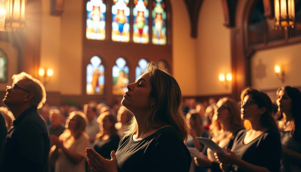 A warm, intimate church interior bathed in soft, golden light. In the foreground, a group of people stand with eyes closed, hands clasped, expressions of profound emotion on their faces as they sing a heartfelt hymn. In the middle ground, the congregation is seated, united in solemn, reverent song. The background features stained glass windows, casting a kaleidoscope of colors that imbue the scene with a sense of divine inspiration. The overall atmosphere is one of profound connection, where the devotional lyrics and soulful melodies transcend the physical space, forging a spiritual bond between the worshippers and the divine.