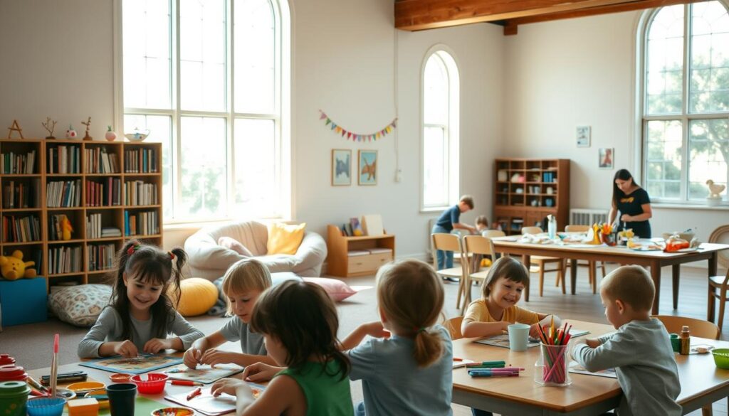 A warm, inviting children's play area in a sunny church hall. In the foreground, a group of smiling kids engage in arts and crafts, surrounded by colorful supplies and decorations. In the middle ground, a reading nook with cozy beanbags and shelves of age-appropriate books. In the background, a crafts table with various DIY projects, overseen by an enthusiastic youth leader. Soft, natural lighting filters in through large windows, creating a cheerful, nurturing atmosphere. The scene exudes a sense of community, learning, and spiritual guidance tailored for young parishioners.